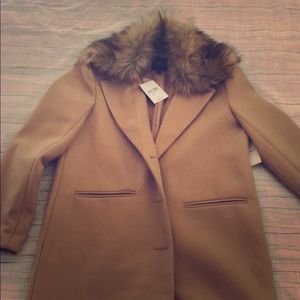 Faux fur trimmed coat/ Camel/ Large. New.
